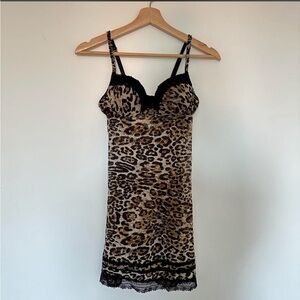 Leopard Print Slip Dress with Black Lace Trim